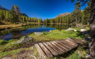 Картинка озера, озеро, природа, вода, пейзаж, лес, деревья, дерево, мост