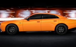 Картинка Dodge Charger, Dodge, Charger, Додж Чарджер, Додж, Daytona RT, 2025, машины, машина, тачки, авто, автомобиль, транспорт, вид сбоку, сбоку, оранжевый