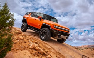 Картинка Hummer, Хаммер, GMC, Hummer EV, 2024, EV, машины, машина, тачки, авто, автомобиль, транспорт, пустыня, песок, песчаный, скала, оранжевый