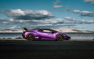 Картинка Lamborghini Huracan, Lamborghini, Ламборджини, Ламборгини, Huracan, машины, машина, тачки, авто, автомобиль, транспорт, вид сбоку, сбоку, фиолетовый, облака, туча, облако, тучи, небо