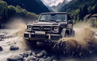 Картинка Mercedes Benz, Mercedes-Benz, Mercedes, Мерседес, машины, машина, тачки, авто, автомобиль, транспорт, внедорожник, гора, река, вода, брызги, AI Art, ИИ арт, цифровое, арт, сгенерированный, AI, ИИ