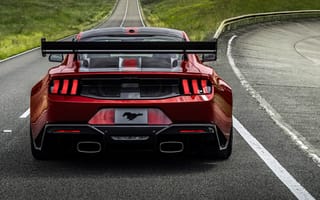 Картинка Ford Mustang, Форд Мустанг, Ford, Форд, Mustang, Мустанг, 2025, машины, машина, тачки, авто, автомобиль, транспорт, вид сзади, сзади, спорткар, спортивный, дорога, красный