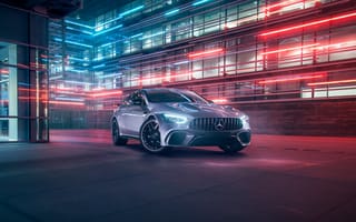 Картинка Mercedes, Мерседес, AMG, GT4, машины, машина, тачки, авто, автомобиль, транспорт, фара, город, здания, ночь, огни, подсветка