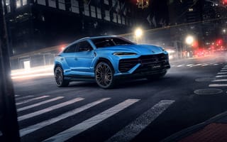 Картинка Lamborghini Urus, Lamborghini, Ламборджини, Ламборгини, Urus, кроссовер, спорткар, машины, машина, тачки, авто, автомобиль, транспорт, город, здания, перекресток, дорога, ночь, синий