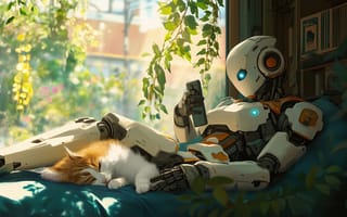 Картинка робот, кот, кошка, окно, отдых, фантастика, фантастические, будущее, фантазия