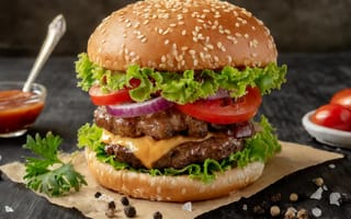 Картинка гамбургер, бургер, котлета, булка, еда, вкусная, помидор