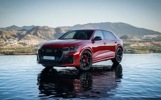 Картинка Audi, Ауди, RS, Q8, машины, машина, тачки, авто, автомобиль, транспорт, 2024, кроссовер, гора, озеро, пруд, вода, отражение, красный