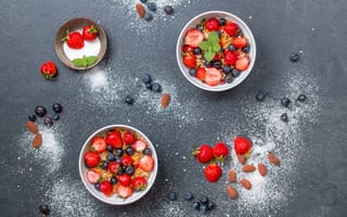 Картинка клубника, ягода, ягоды, еда, вкусная, черника, мюсли, каша, завтрак, овсянка
