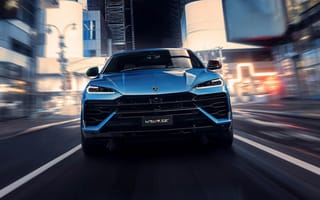Картинка Lamborghini Urus, Lamborghini, Ламборджини, Ламборгини, Urus, SE, кроссовер, спорткар, машины, машина, тачки, авто, автомобиль, транспорт, дорога, город, здания, скорость, быстрый, ночь