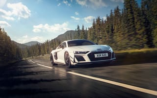 Картинка Audi, Ауди, R8, машины, машина, тачки, авто, автомобиль, транспорт, природа, спорткар, спортивный, дорога, лес, деревья, дерево, белый