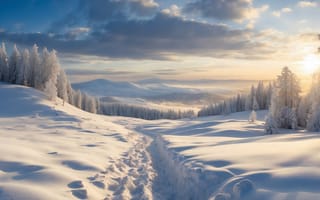 Картинка зима, зимние, время года, сезоны, сезонные, снег, белый, лес, деревья, дерево, природа, утро, утренний, рассвет, восход, пейзаж