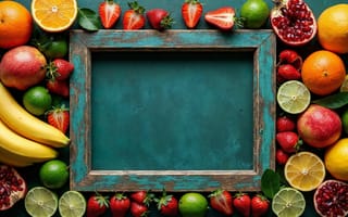 Картинка клубника, ягода, ягоды, банан, фрукт, фрукты, лайм, цитрус, кислый, лимон, гранат, рамка