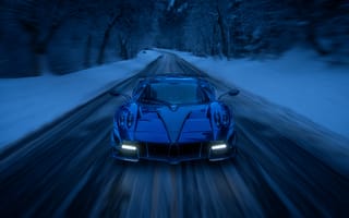 Картинка Pagani, Huayra, машины, машина, тачки, авто, автомобиль, транспорт, ночь, зима, снег, дорога, скорость, быстрый, синий