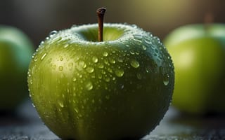 Картинка яблоко, фрукт, фрукты, брызги, всплеск, капля, капли, жидкость, влага, роса, влажный, зеленый