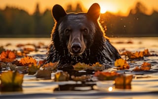 Картинка медведь, животные, животное, природа, озеро, пруд, вода, вечер, закат, заход