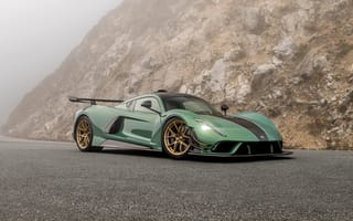 Картинка спорткар, автомобиль, дизайн, дорога, туман, зеленый, колеса, мощность, фото, природа