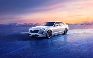Картинка автомобиль, Кадиллак, лед, пейзаж, закат, роскошь, дизайн