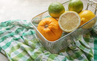 Картинка фрукты, цитрусовые, апельсин, лимон, лайм, корзина, полотенце