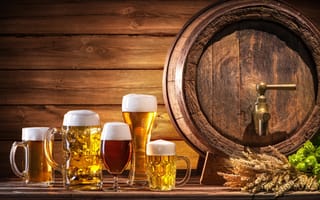 Картинка пиво, бочка, пивные кружки, солод, хмель, дерево, напитки, бар