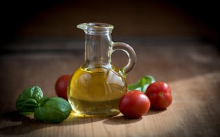 Картинка оливковое масло, помидоры, базилик, еда, натуральные продукты, кулинария, декор