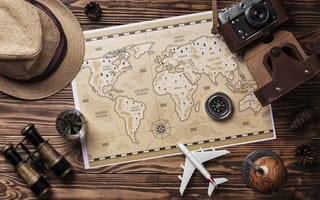 Картинка карта, путешествия, компас, камера, модель самолета, шляпа, приключения
