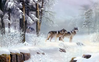 Картинка волки, лес, зима, рисунок