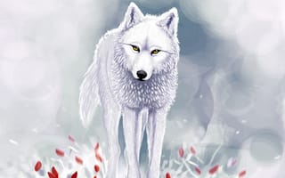 Картинка Белый волк и красные цветы