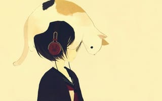 Картинка Кот на голове девушки аниме
