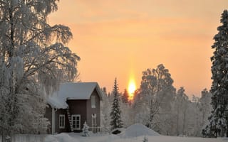 Картинка Деревянный дом в зимнем лесу на закате