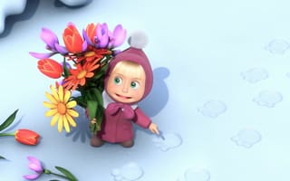 Картинка Маша с букетом цветов, мультфильм Маша и медведь