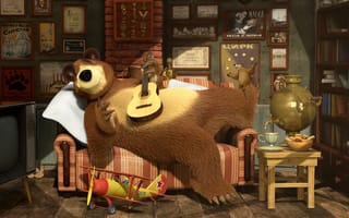 Картинка Медведь играет на гитаре, мультфильм Маша и медведь