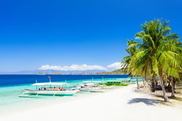 Обои Тропический Рай, boats, Tropical Paradise, лодки, пальмы, coast, beach, побережье, пляж, the sea, palm trees, море