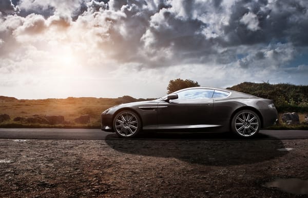 Обои закат, профиль, Вираж, Aston Martin, дорога, Virage, grey, Астон Мартин