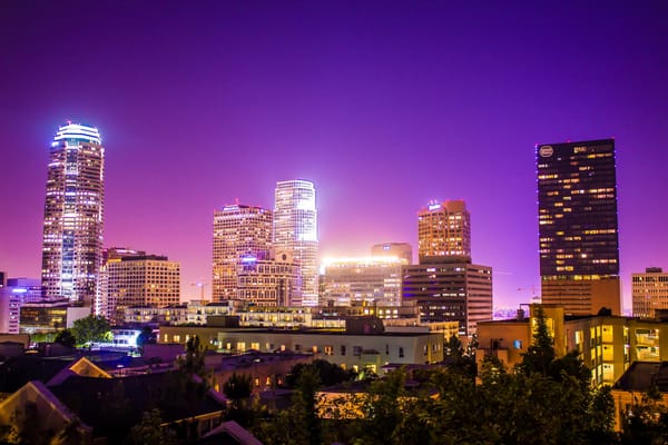 Обои США, Los Angeles, Downtown, Калифорния, Ночь, USA, California, Skyline, огни, Лос Анджелес