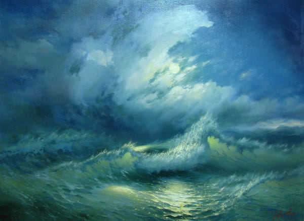 Обои Милюков Александр, пейзаж, волна, море, луна, сияние, Ночь, красота, крым, синий