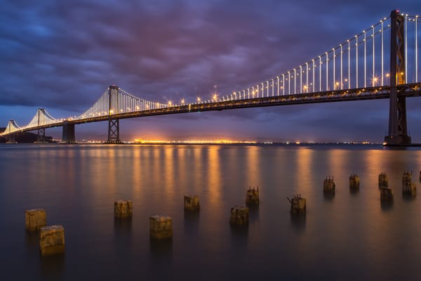 Обои South Beach, San Francisco, мост, Bay Bridge, вечер, огни, Dusk, US, CA