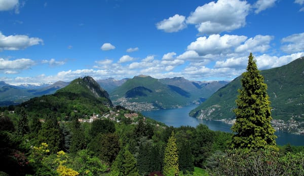 Обои San Grato Botanical Park, озеро Лугано, деревья, Switzerland, Швейцария, Lake Lugano, Ticino, Тичино, парк, горы
