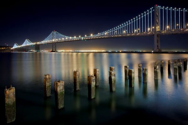 Обои San Francisco, Калифорния, мост, California, город, ночь, Сан-Франциско, пристань, Financial District, США, огни, USA