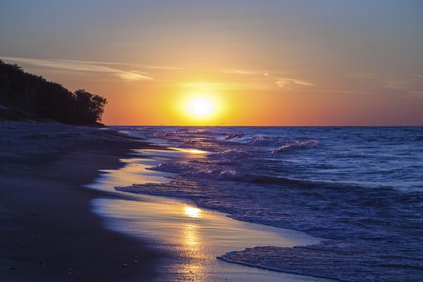 Обои Indiana Dunes National Lakeshore, озеро Мичиган, Индиана, Indiana, закат, Lake Michigan, побережье, солнце, пляж