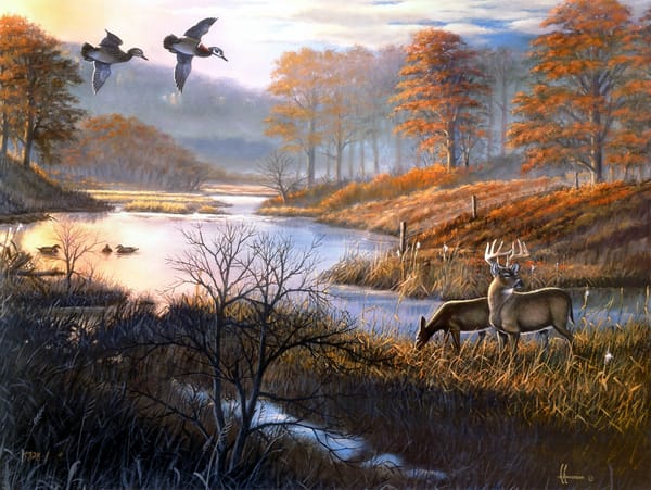 Обои Arthur G. Anderson, озеро, утки, живопись, Duck Pond Woodies, пруд, осень, заморозки, олени