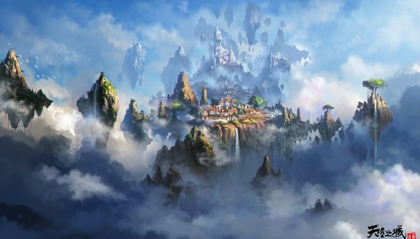 Обои арт, пейзаж, летающие скалы, Liang xing, здания, облака, высота, горы