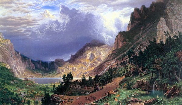 Обои Bierstadt, storm, colors, realism, american, talentuous, rosalie, painter, mountains, landscape, rockies