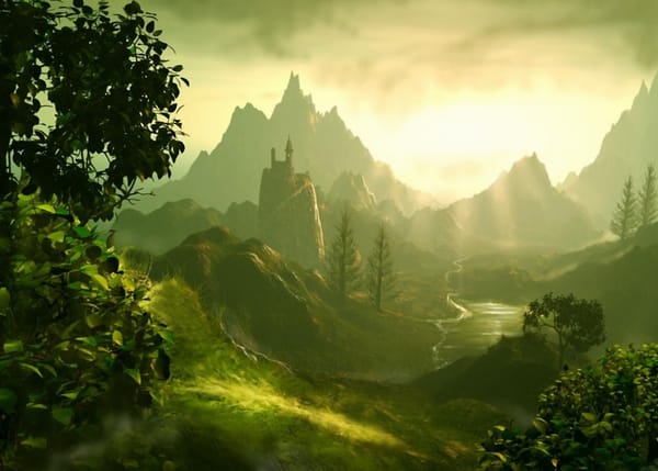 Обои арт, башня, Jesper Lund, река, горы, Fairylands, art