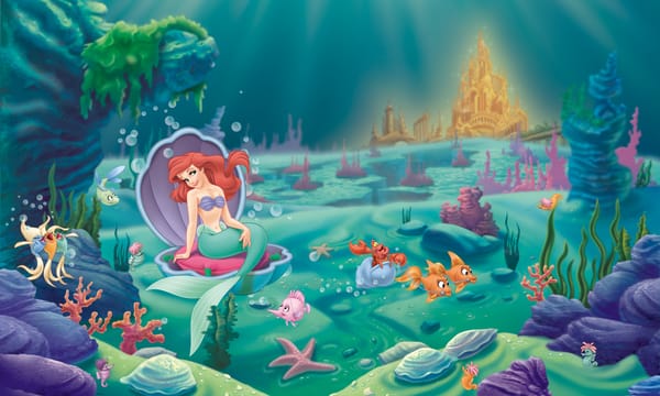Обои The Little Mermaid, дворец, Ариэль, Русалочка, Сильвестр, рыбы, водоросли