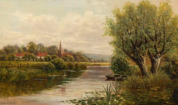 Обои John Atkinson, река, картина, лодка, пейзаж, дома, небо, деревья, Welsh River