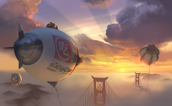 Обои Big hero 6, облака, Bay-bridge, мультфильм, USA, небо, Brave new heroes, США, California, San Francisco, Калифорния, Сан-Фр, закат, Дисней, мост, Шестёрка героев, Disney, Golden Gate Bridge, дирижабль