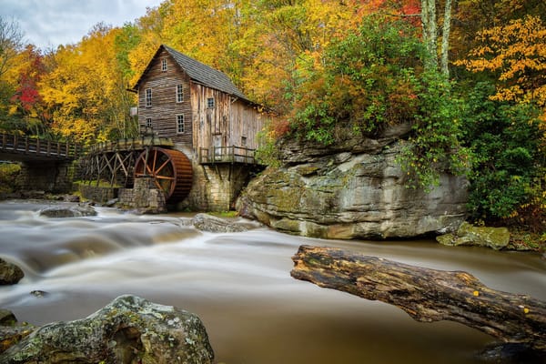 Обои США, мостик, осень, ручей, камни, лес, Babcock State Park, водяная мельница