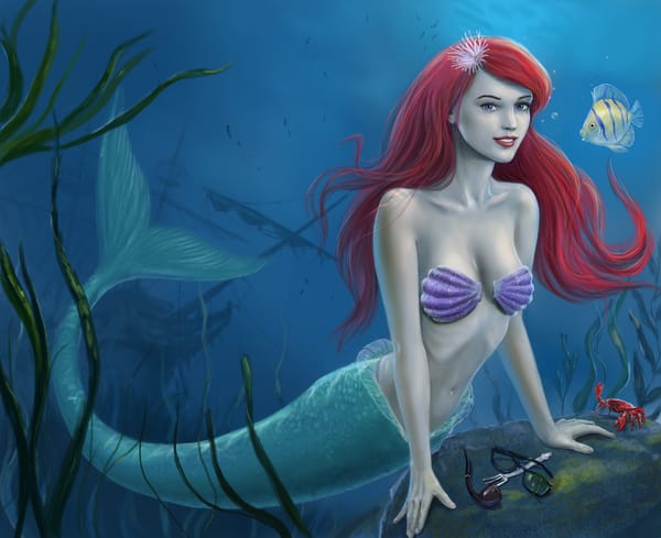 Обои арт, трубка, Русалочка, краб, очки, вилка, The little mermaid, корабль, море, рыба, Ариэль