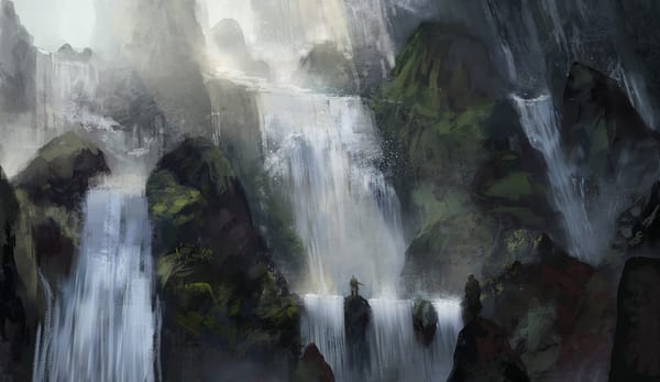 Обои арт, водопад, камни, люди