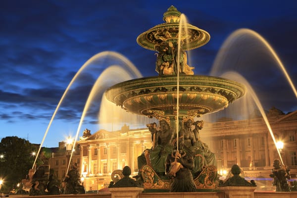 Обои Франция, фонари, Place de la Concorde, Париж, ночь, огни, фонтан, архитектура